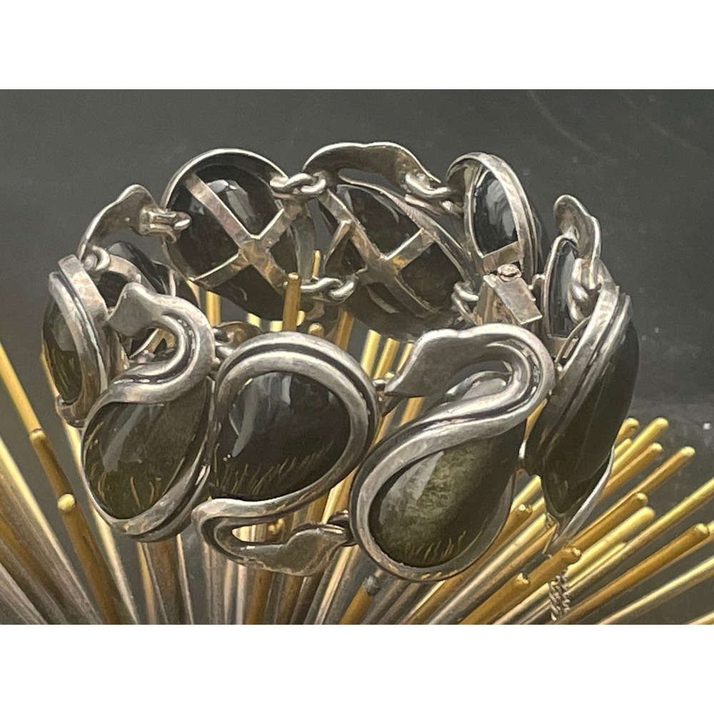Antonio Pineda Swan Bracelet Obsidian 970 Silver Taxco Mexico Book Piece